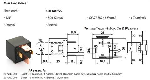 12V RÖLE 4 UÇLU 80 A (70 A TİPİ) (2 UÇ KÜÇÜK / 2 UÇ BÜYÜK) (6.3 MM / 9.5 MM) (DİRENÇLİ)