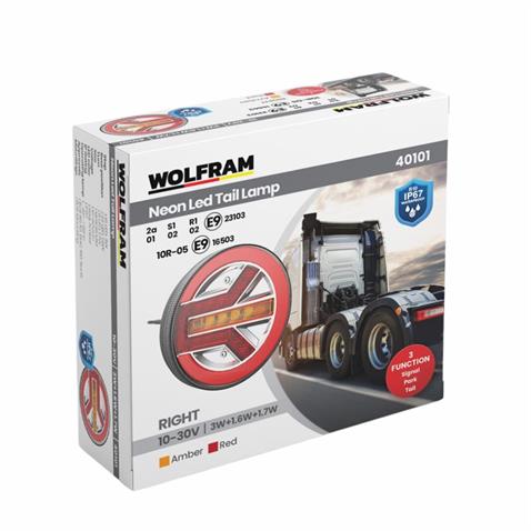 WOLFRAM 12V-24V STOP LAMBASI YUVARLAK (NEON LEDLİ-KAYAR SİNYALLİ) (3 FONKSİYONLU) (140*35 MM) E9 SAĞ