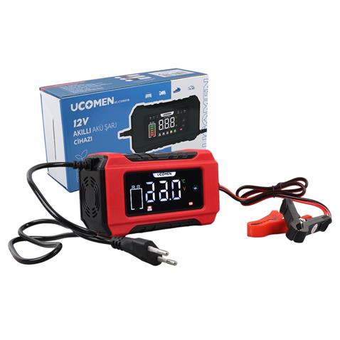 UCOMEN 12V ŞARJ REDRESÖRÜ (AKILLI AKÜ ŞARJ CİHAZI) OTOMATİK 6 A LCD BÜYÜK EKRAN KIRMIZI (+AGM/JEL)