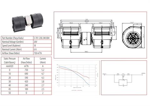 KORMAS 24V KALORİFER MOTORU (BLOWER) (310*116 MM) (3 DEVİR)