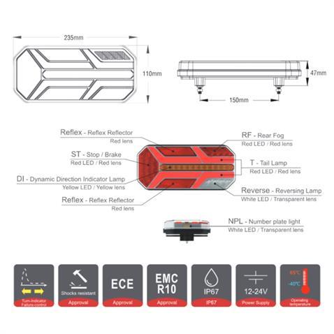 WOLFRAM 10V-30V STOP LAMBASI (NEON LEDLİ-KAYAR SİNYALLİ) (7 FONKSİYONLU) (235*110*47 MM) E9 SOL