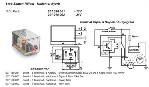 12V STOP ZAMAN RÖLESİ 5 UÇLU AYARLI (0.1 SN-11 SAAT ARASI) (OTOMATİK KATLANIR AYNA-MULTIMEDIA VS)