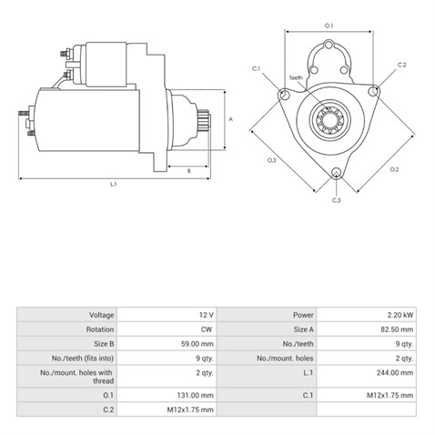 12V MARŞ MOTORU BOSCH TİPİ 9 DİŞ 2.2 KW VW TOUREG 2.5 TDI 2003-2010