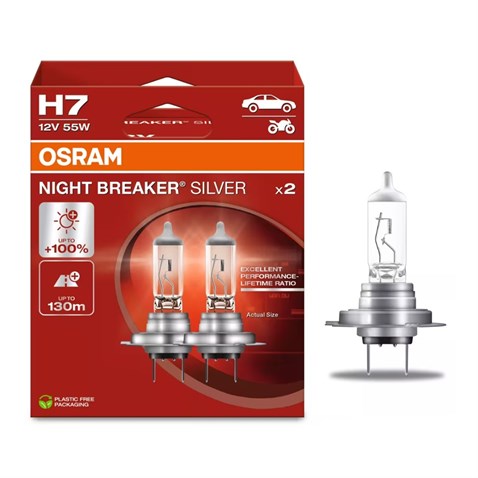 OSRAM 12V H7 AMPUL 55W +%100 PARLAK IŞIK +130 METRE FAZLA GÖRÜŞ NIGHT BREKE SILVER (2 AD)