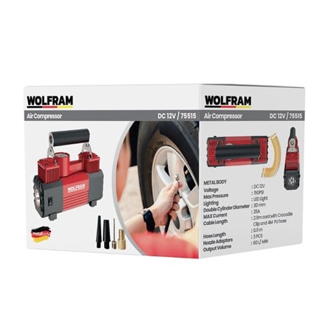 WOLFRAM 12V LASTİK ŞİŞİRME HAVA KOMPRESÖRÜ METAL ÇİFT PİSTONLU 150 psi (IŞIKLI)