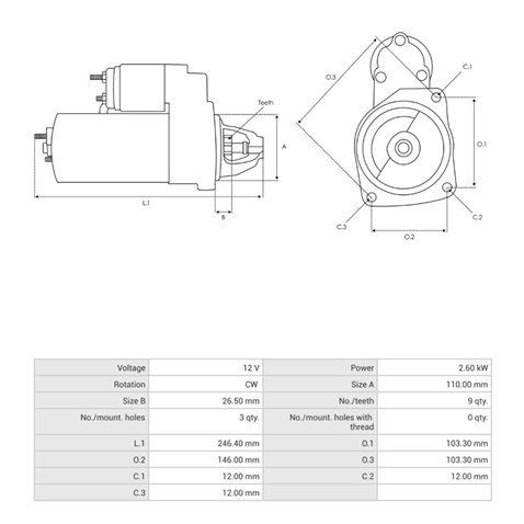 12V MARŞ MOTORU 9 DİŞ 2.6 KW (KISA GÖVDE) FIAT TRAKTÖR TDI SERİSİ-NEW HOLLAND L60/L65/L75/L85