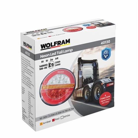 WOLFRAM 12V-24V STOP LAMBASI YUVARLAK (NEON LEDLİ-KAYAR SİNYALLİ) (4 FONKSİYONLU) (140*35 MM) E9 SOL