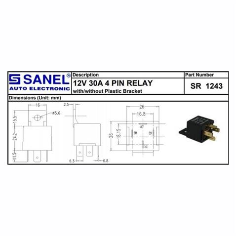 SANEL 12V RÖLE 4 UÇLU 30 A (30-85-86-87)