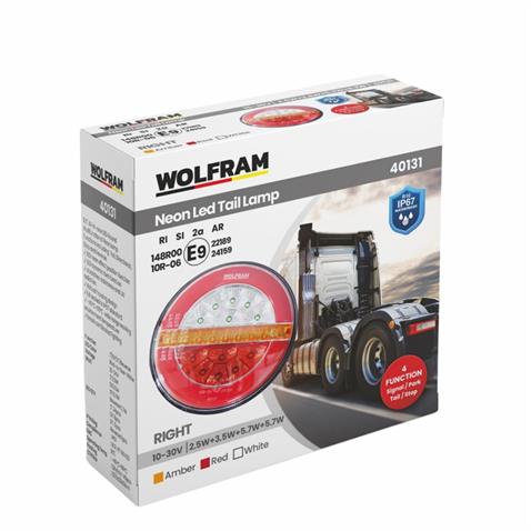 WOLFRAM 12V-24V STOP LAMBASI YUVARLAK (NEON LEDLİ-KAYAR SİNYALLİ) (4 FONKSİYONLU) (140*35 MM) E9 SAĞ