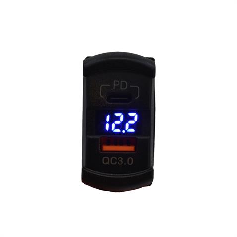 12V-24V DİJİTAL VOLTMETRE+ŞARJ CİHAZLI (USB+TYPE-C) (3 A) (ANAHTAR TİPİ) (MAVI IŞIK)