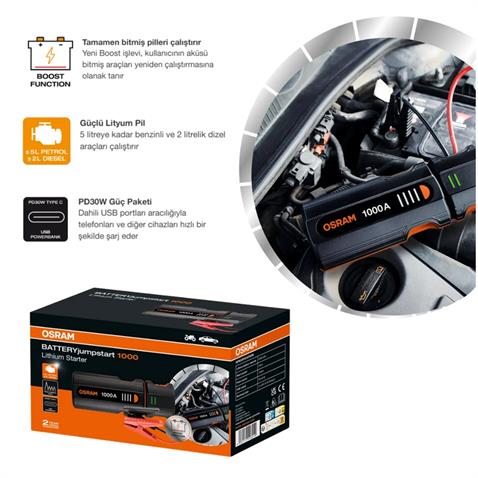 OSRAM 12V AKÜ TAKVİYE CİHAZI (BOOSTER) (1000A) (USB-C PD30W) (USB-A 2.4 A POWERBANK) (LED IŞIK)