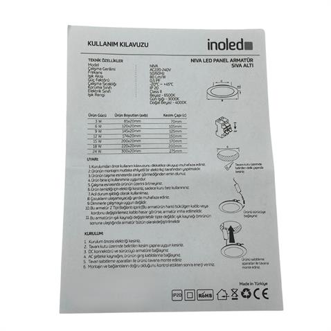 INOLED 220V SIVA ALTI YUVARLAK LED PANEL ARMATÜR 9W 6500 K 720 LÜMEN BEYAZ KASA (146 MM)