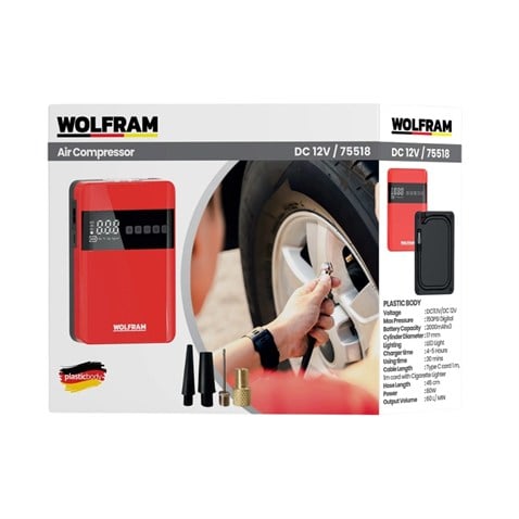 WOLFRAM LASTİK ŞİŞİRME HAVA KOMPESÖRÜ IŞIKLI-İKAZLI (150 PSI) (DİJİTAL) (POWERBANK) (ŞARJLI)
