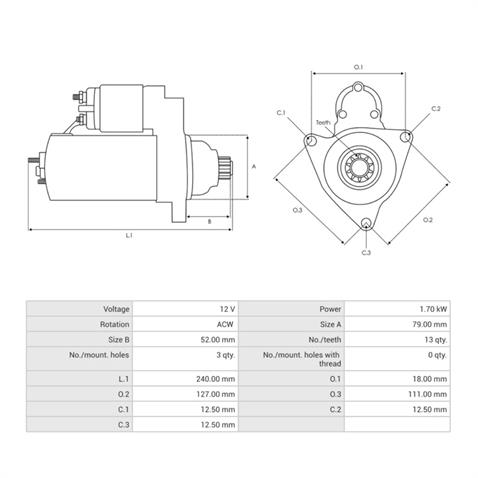 BOSCH 12V MARŞ MOTORU 13 DİŞ 1.7 KW (START-STOP) AUDI-SEAT-SKODA-VW 2010 > 
