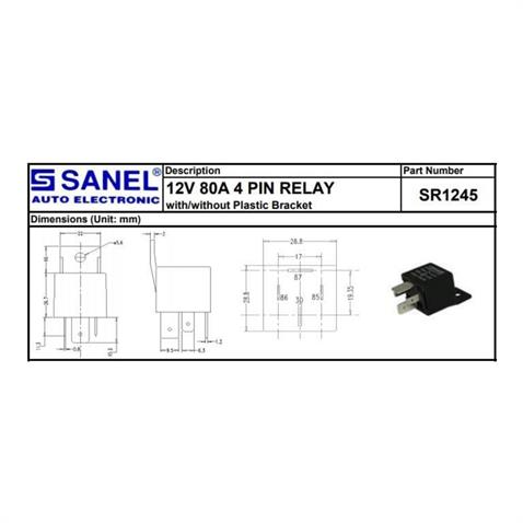 SANEL 12V RÖLE 4 UÇLU 80 A (70 A TİPİ) (2 UÇ KÜÇÜK / 2 UÇ BÜYÜK) (6.3 MM / 9.5 MM)