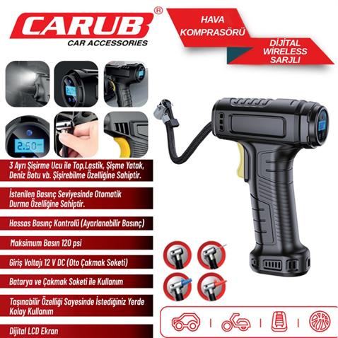 12V LASTİK ŞİŞİRME HAVA KOMPRESÖRÜ IŞIKLI 60W (120 psi) (DİJİTAL) (ŞARJLI)