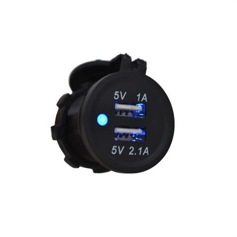 12V-24V TELEFON ŞARJ CİHAZI (USB X 2) (1A/2.1A) (MAVİ IŞIKLI) (28 MM)