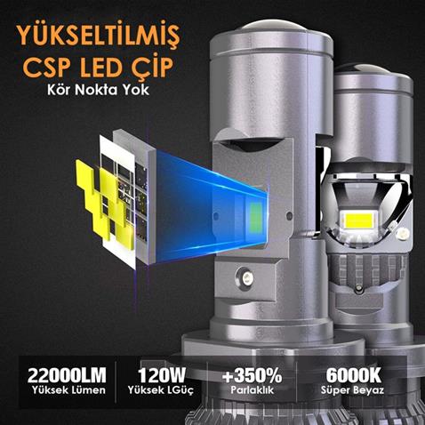 JOYECAR 12V H4 CSP LED XENON FAR AMPUL SETİ 120W 6000K 22000 LÜMEN MERCEKLİ