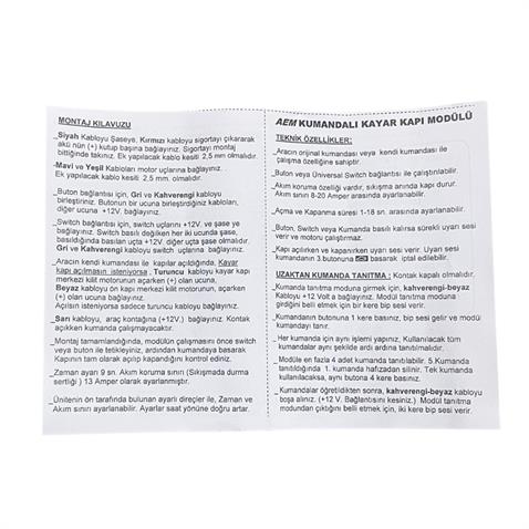 12V KAYAR KAPI MODÜLÜ (ZAMAN AYARLI-SIKIŞMA EMNİYETLİ) (KUMANDALI)