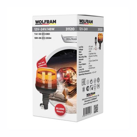 WOLFRAM 12V-24V ÇAKAR TEPE LAMBA 48 LEDLİ 48W BORU TİP (10 FONKSİYONLU) (130*210 MM) SARI E9