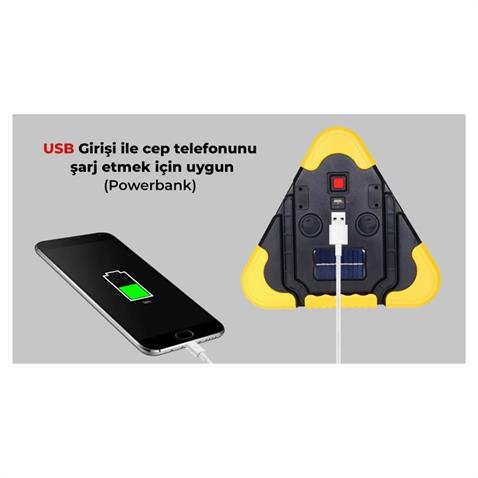 ÜÇGEN REFLEKTÖR-EL FENERİ LEDLİ ÇAKARLI (ŞARJLI-GÜNEŞ ENERJİLİ-POWERBANK-USB ÇIKIŞLI) (270*270 MM)