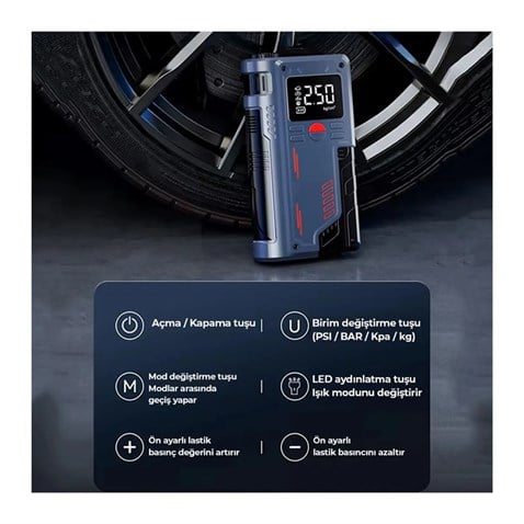 12V AKÜ TAKVİYE CİHAZI (1000A) LASTİK ŞİŞİRME HAVA KOMPRESÖRÜ (POWERBANK) (LED IŞIK-ÇAKARLI)