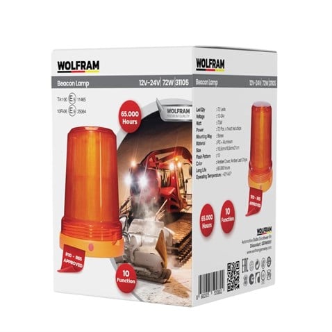 WOLFRAM 12V-24V DÖNER-ÇAKAR TEPE LAMBA LEDLİ (SARI) (10 FONKSİYONLU) (165*210 MM)