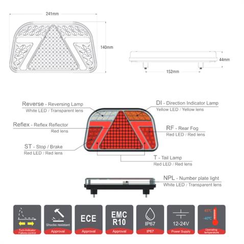 WOLFRAM 10V-30V STOP LAMBASI (NEON LEDLİ) (7 FONKSİYONLU) (241*140*44 MM) E9 SAĞ