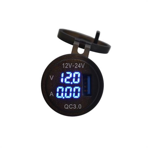 12V-24V DİJİTAL VOLTMETRE+AMPERMETRE+ŞARJ CİHAZLI (USB) (3 A) (MAVİ IŞIK) (28 MM)