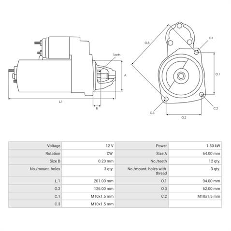 12V MARŞ MOTORU BOSCH TİPİ 12 DİŞ 1.5 KW (START-STOP) NISSAN-OPEL-RENAULT