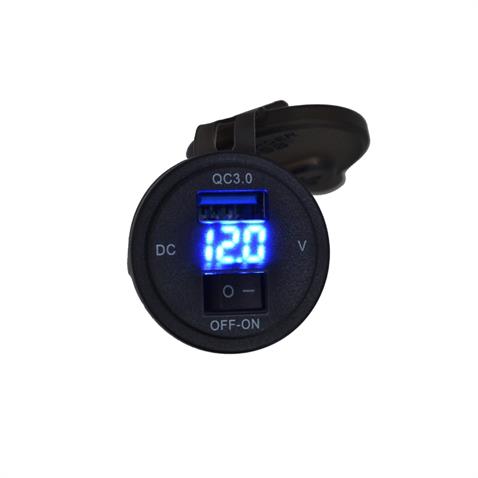 12V-24V DİJİTAL VOLTMETRE+ŞARJ CİHAZLI (USB) (3 A) (OFF-ON ANAHTARLI) (MAVİ IŞIK) (28 MM)