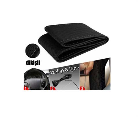 DİREKSİYON KILIFI SİYAH (MAVİ DİKİŞLİ) (SUNİ DERİ) (38-40 CM)