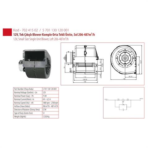 KORMAS 12V KALORİFER MOTORU TEKLİ BLOWER ORTA TİP (TEK DEVİR) (140*166*148 MM)