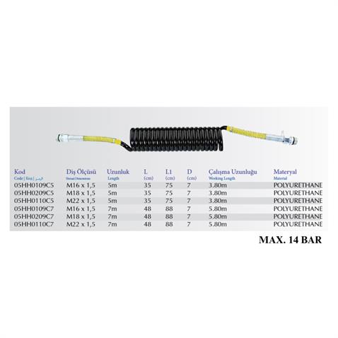 ALSA TIR DORSE HAVA HORTUMU SİYAH (SARI) (POLYURETAN) (M16 X 1.5) (5.00-3.80 MT)