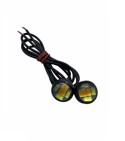 12V GÜNDÜZ SÜRÜŞ LEDİ YUVARLAK SARI-BEYAZ (2 LEDLİ) CIVATALI (MERCEKLİ) (18 MM) (2 AD)