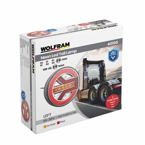 WOLFRAM 12V-24V STOP LAMBASI YUVARLAK (NEON LEDLİ-KAYAR SİNYALLİ) (3 FONKSİYONLU) (140*35 MM) E9 SOL