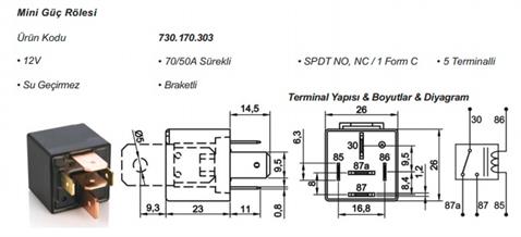 12V RÖLE 5 UÇLU 70 A (2 UÇ KÜÇÜK / 3 UC BÜYÜK) (6.3 MM / 9.5 MM) (ÇİFT PLATİN) (87a)