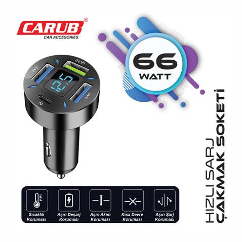 12V-24V TELEFON ŞARJ CİHAZI 66W HIZLI ŞARJ VOLTAJ GÖSTERGELİ (ÇAKMAK GİRİŞLİ) (USB+TYPE-C) SİYAH