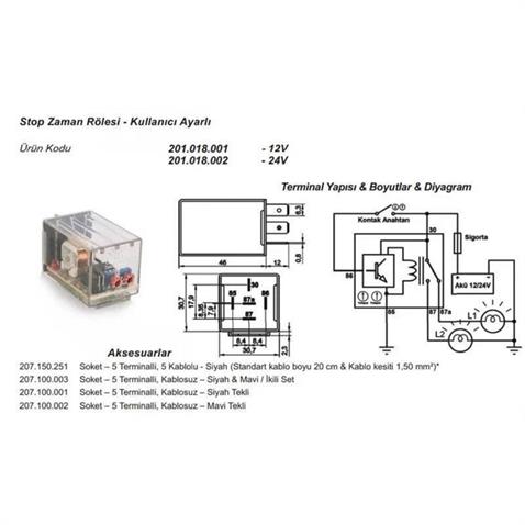 24V STOP ZAMAN RÖLESİ AYARLI 5 UÇLU (0.1 SN-11 SAAT ARASI) (OTOMATİK KATLANIR AYNA-MULTIMEDIA VS)