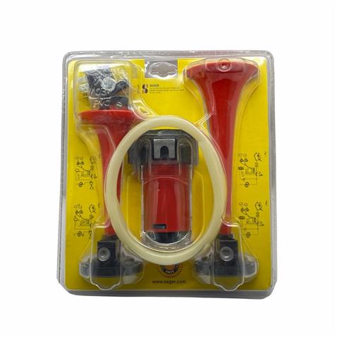 SEGER 12V 2Lİ HAVALI KORNA DÜZ SES (KIRMIZI PLASTİK BORU) (KOMPRESÖRLÜ)