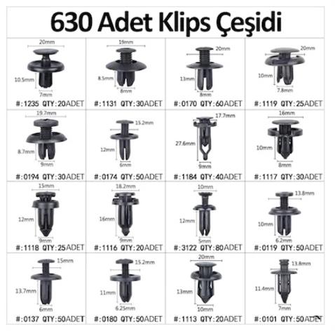 KAPI DÖŞEME-TAMPON-TORPİDO-TRİM PLASTİK PANEL OTO KLİPS SETİ (630 PARÇA)