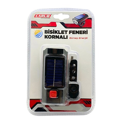 BİSİKLET FENERİ LEDLİ KORNALI (4 FONKSİYONLU ÇAKARLI) (USB ŞARJLI-GÜNEŞ ENERJİLİ) (100*45 MM)
