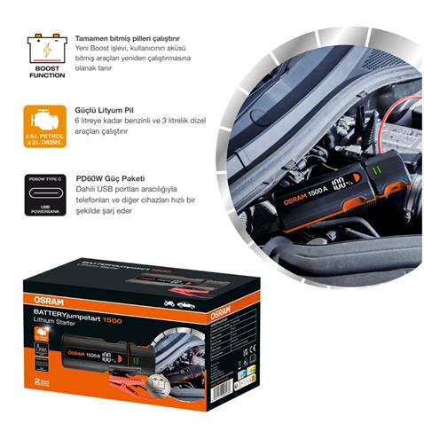 OSRAM 12V AKÜ TAKVİYE CİHAZI (BOOSTER) (1500A) (USB-C PD60W) (USB-A 2.4 A POWERBANK) (LED IŞIK)