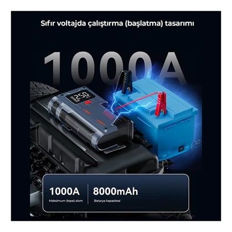 12V AKÜ TAKVİYE CİHAZI (1000A) LASTİK ŞİŞİRME HAVA KOMPRESÖRÜ (POWERBANK) (LED IŞIK-ÇAKARLI)