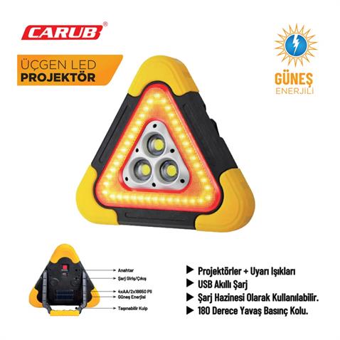 ÜÇGEN REFLEKTÖR-EL FENERİ LEDLİ ÇAKARLI (ŞARJLI-GÜNEŞ ENERJİLİ-POWERBANK-USB ÇIKIŞLI) (270*270 MM)