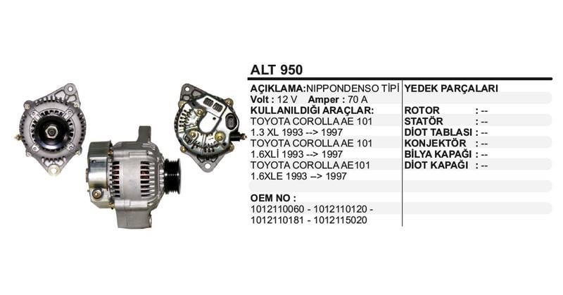 12V ALTERNATÖR DİNAMO 70 A (3 FİŞ OVAL SOKET) (S-IG-L) TOYOTA COROLLA 1.6 1992-1999