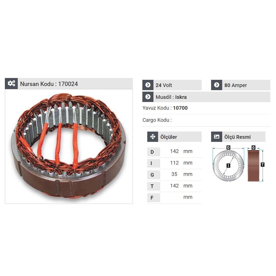 24V ALTERNATÖR STATÖR ISKRA TİPİ 100 A (3 UÇLU) DEUTZ-MAN-OTOKAR DORUK/SULTAN