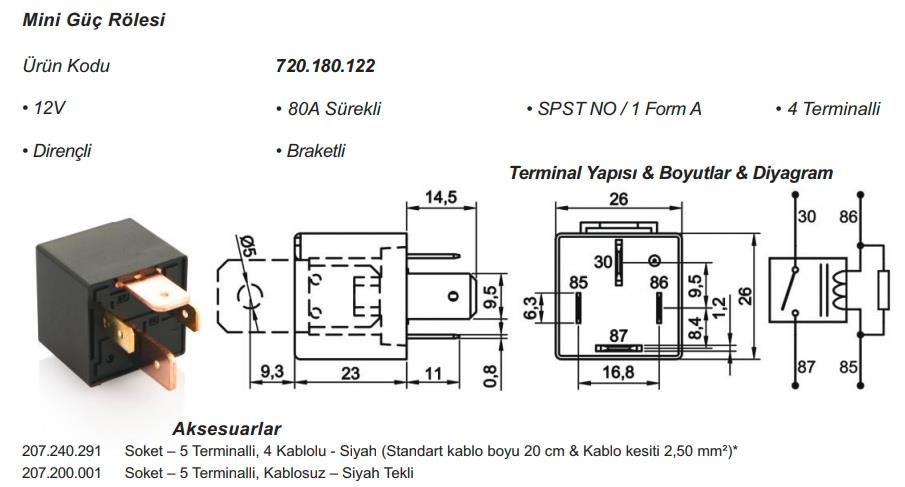 12V RÖLE 4 UÇLU 80 A (70 A TİPİ) (2 UÇ KÜÇÜK / 2 UÇ BÜYÜK) (6.3 MM / 9.5 MM) (DİRENÇLİ)
