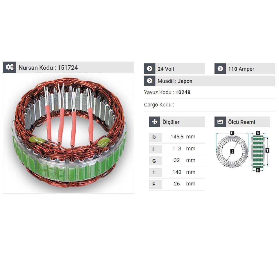 24V ALTERNATÖR STATÖR MITSUBISHI TİPİ 110 A (4 UÇLU) DAF-IVECO-RENAULT-SCANIA-VOLVO