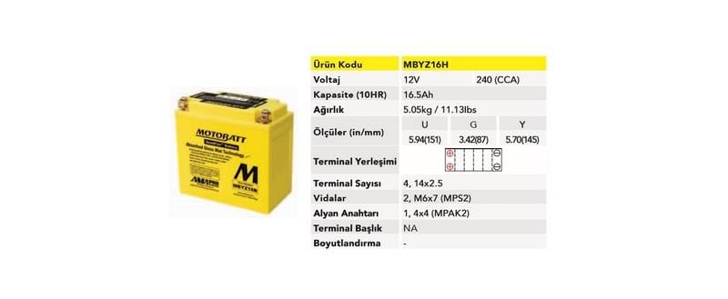 MOTOBATT 12V 16.5 AH MOTOSİKLET AKÜSÜ 240 A (EN) (151*87*145) (YTX14-BS)